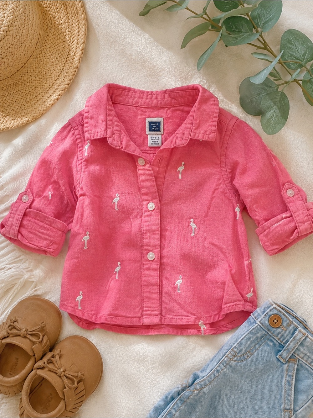 Janie and Jack Baby Pink Flamingo Button-Up Shirt – 6–12 Months